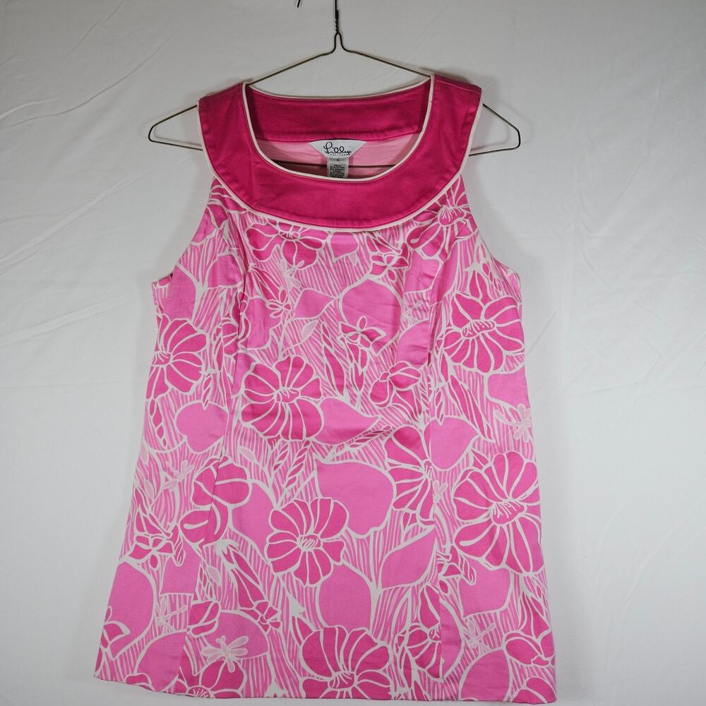 Vintage Lilly Pulitzer Pink Floral Sleeveless Boatneck Blouse White Tag Size 4